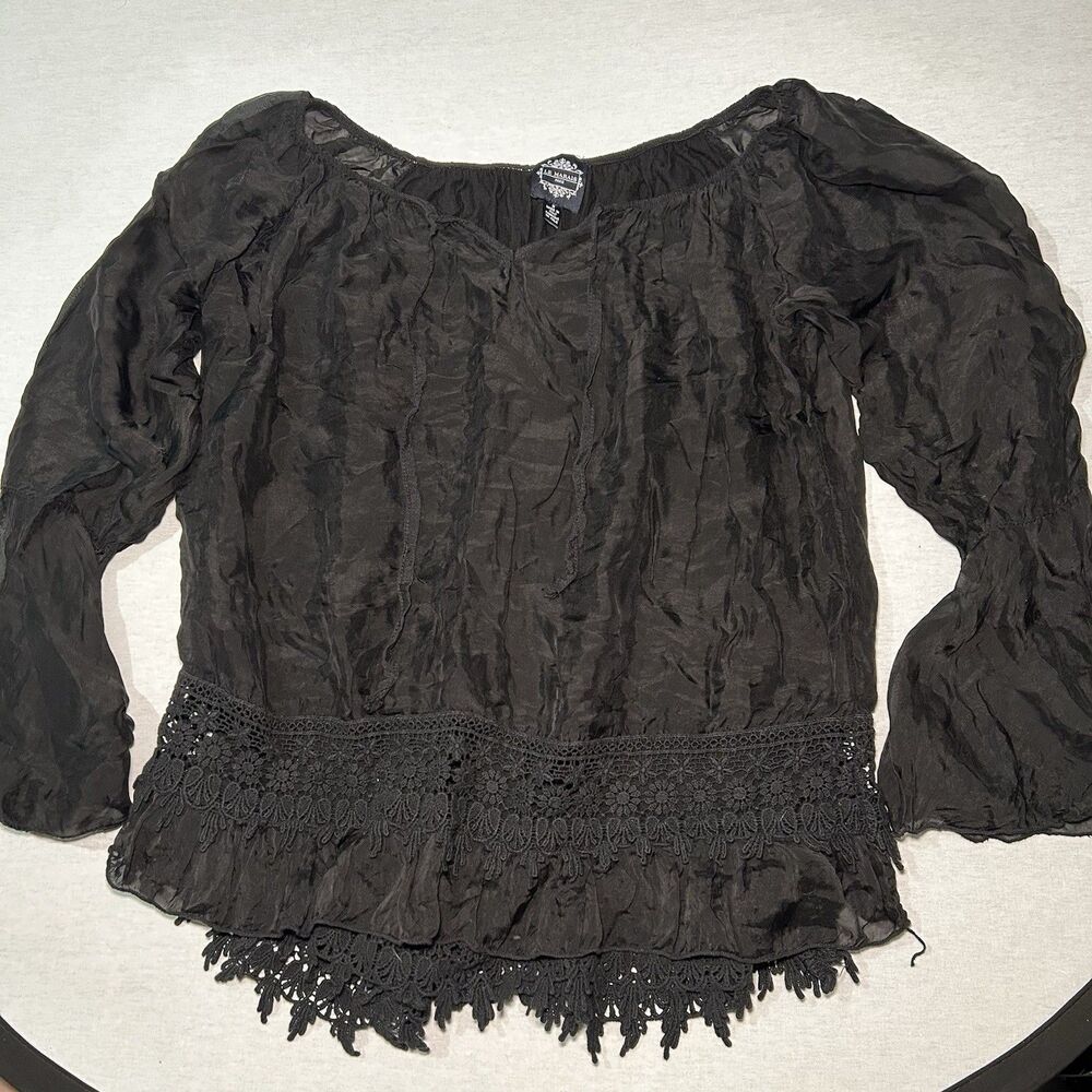 Le Marais Paris silk crochet peasant top in black size M